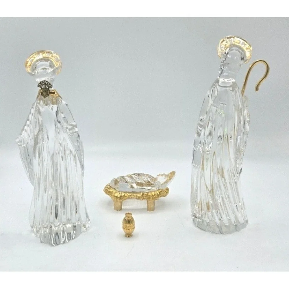 Gorham Full Lead Crystal 3-Piece Nativity‎ Set with Gold Trim